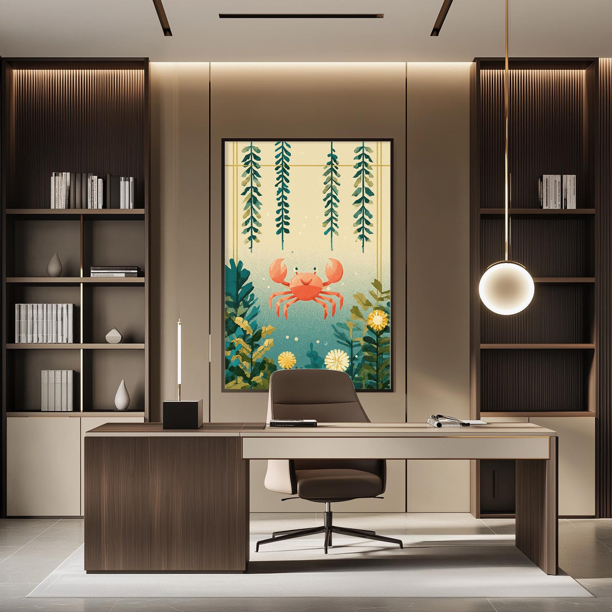 a modern and well-lit office space with a large framed artwork of a crab and plants on the wall, a wooden desk with a chair, and built-in bookshelves.