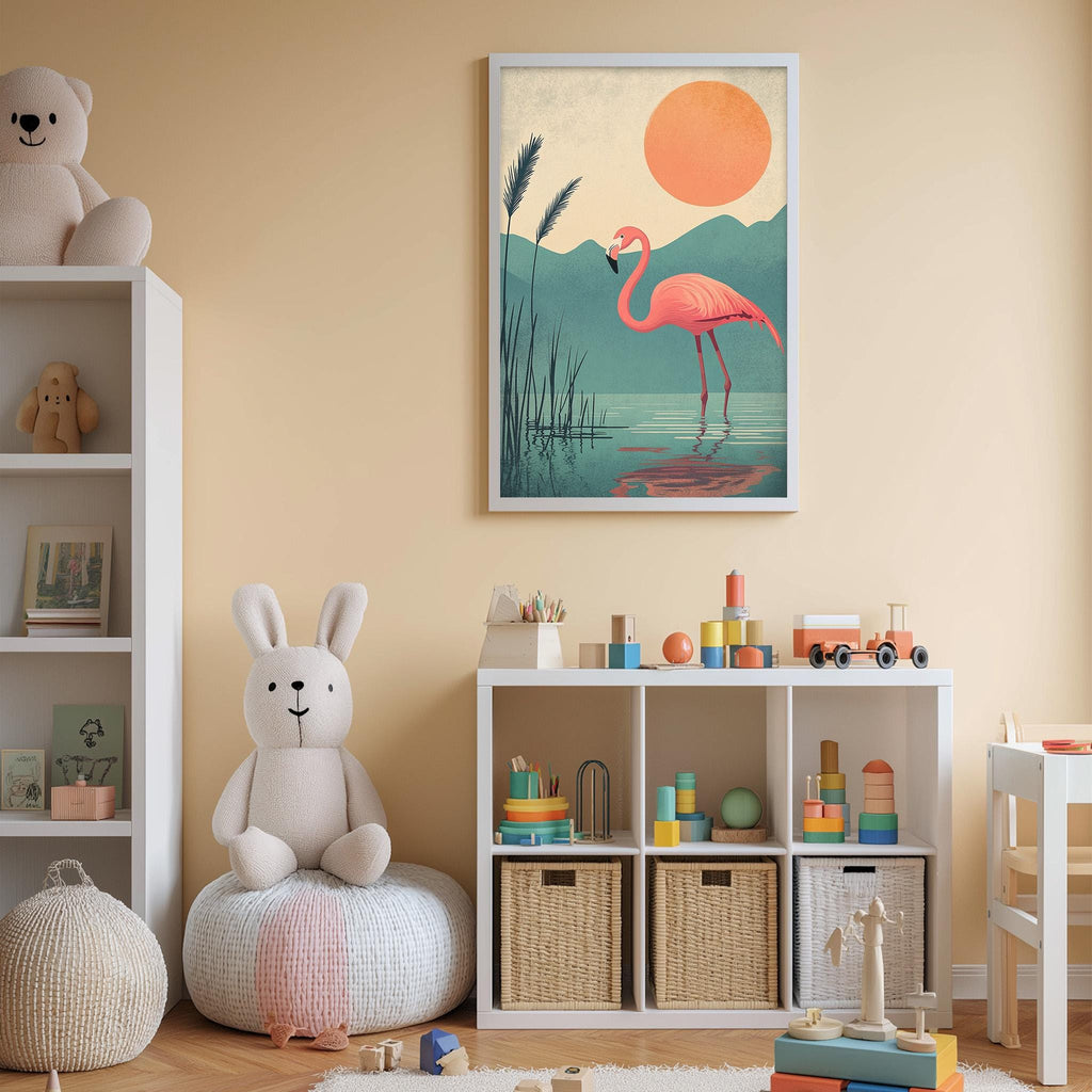 A child's bedroom with a stuffed rabbit, a framed picture of a flamingo, and a toy shelf filled with various toys.