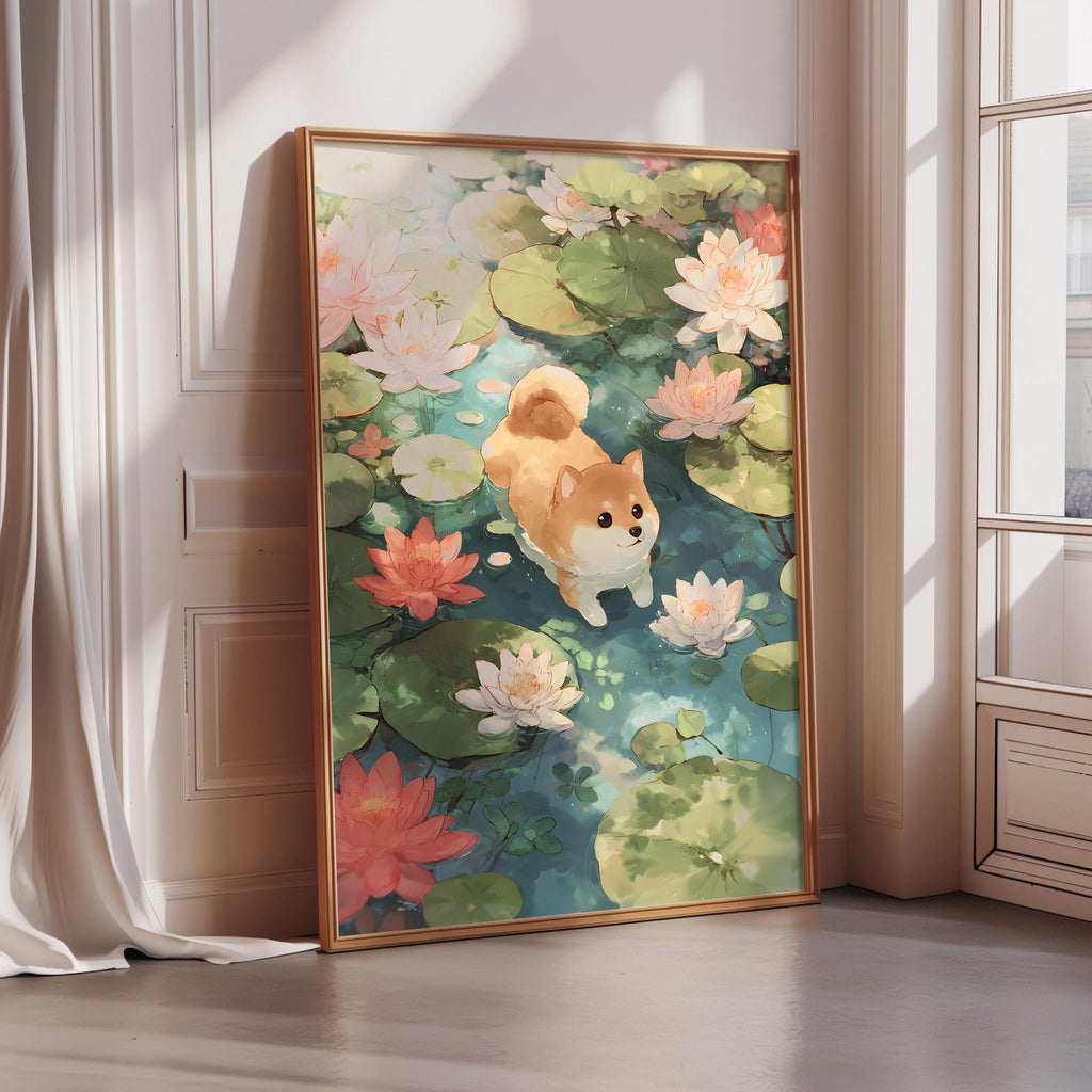 A framed painting depicting a dog swimming in a pond filled with lily pads and pink flowers.