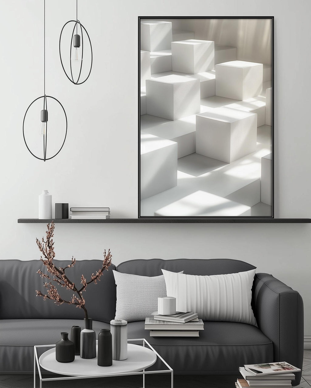 a modern living room with a gray sofa, a coffee table, and a large abstract painting on the wall.