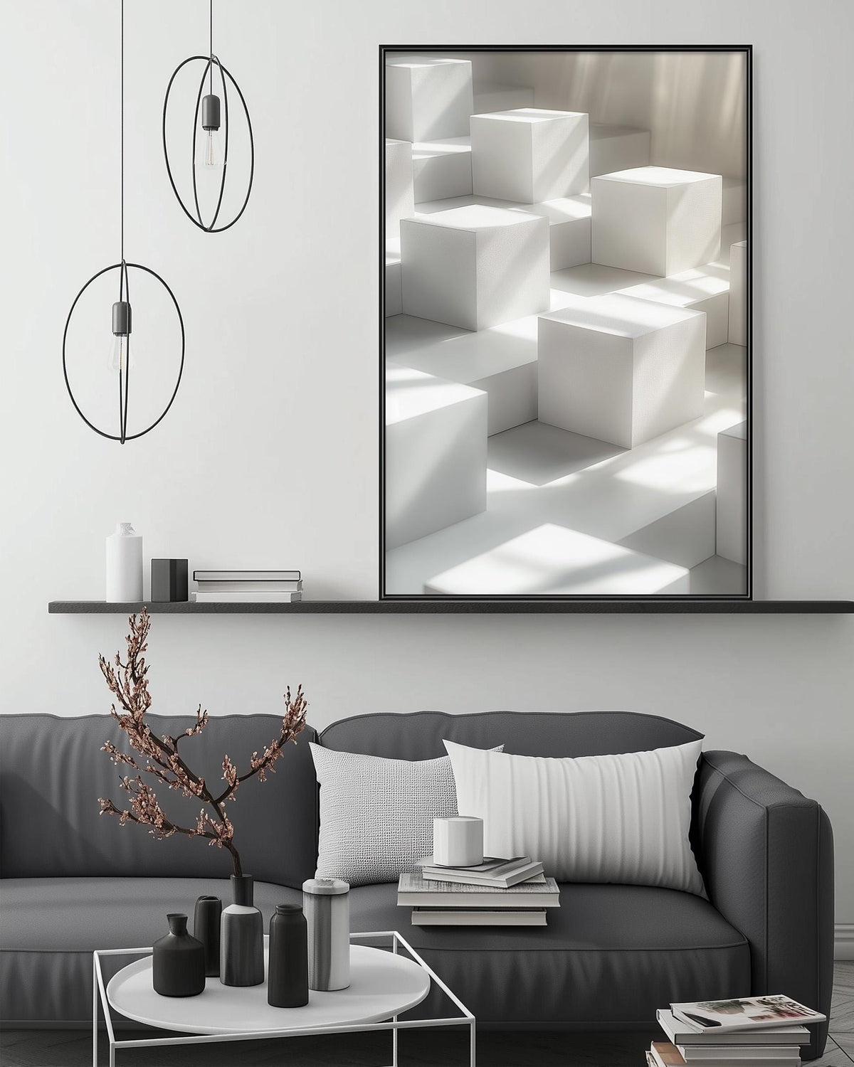 a modern living room with a gray sofa, a coffee table, and a large abstract painting on the wall.