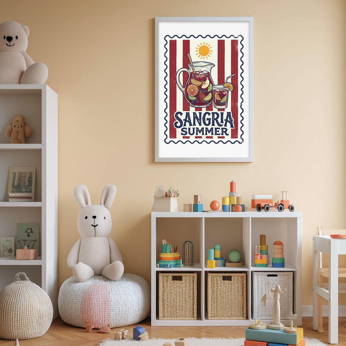 A child's bedroom with a white bookshelf, a stuffed rabbit, and a colorful poster on the wall. The poster features a red and blue border with a sun and a pitcher of juice, along with the text "SANGRIAS SUMMER".