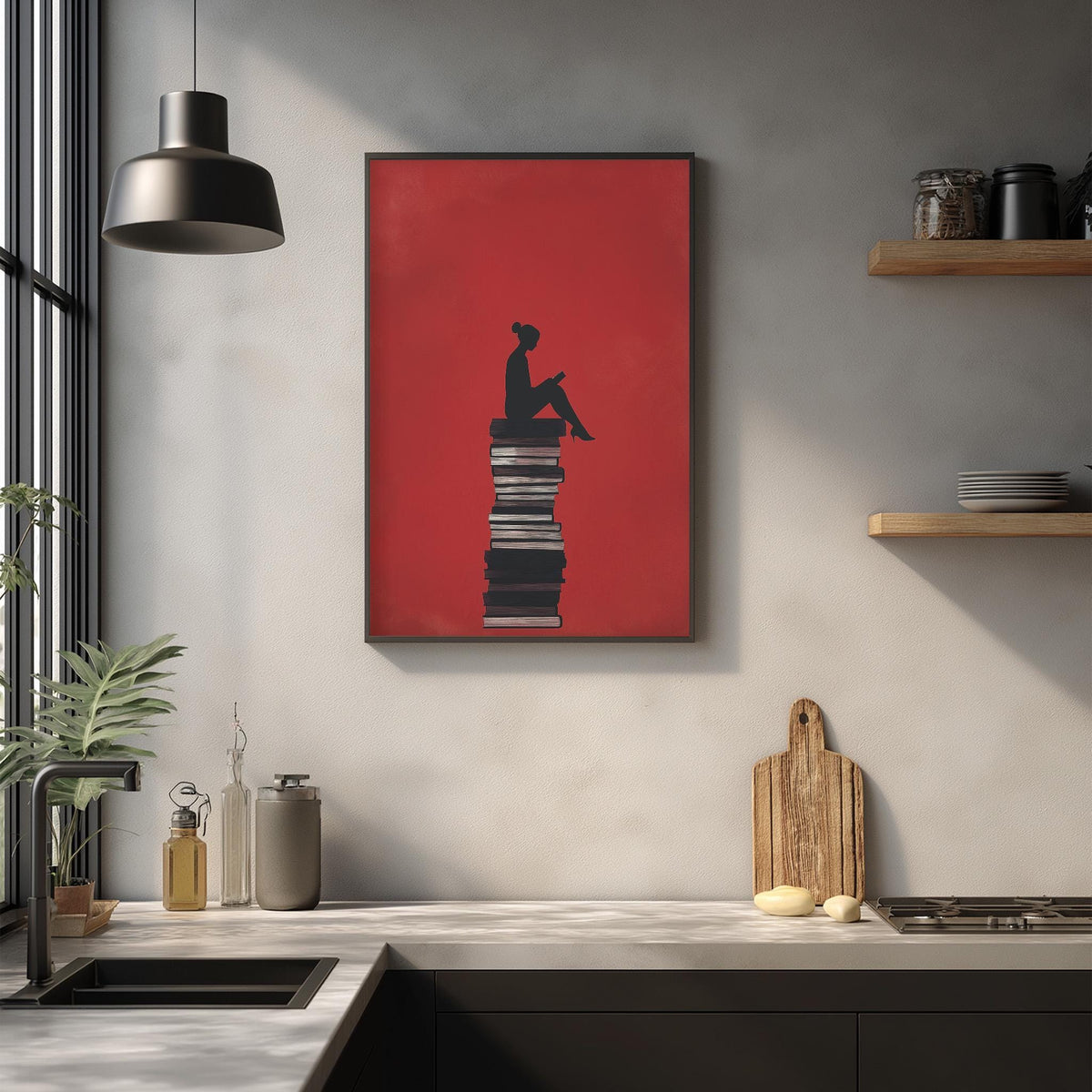 a kitchen counter with various kitchen items, including a cutting board, a sink, and a plant. Above the counter, there is a framed artwork depicting a person sitting on a stack of books, with a red background.