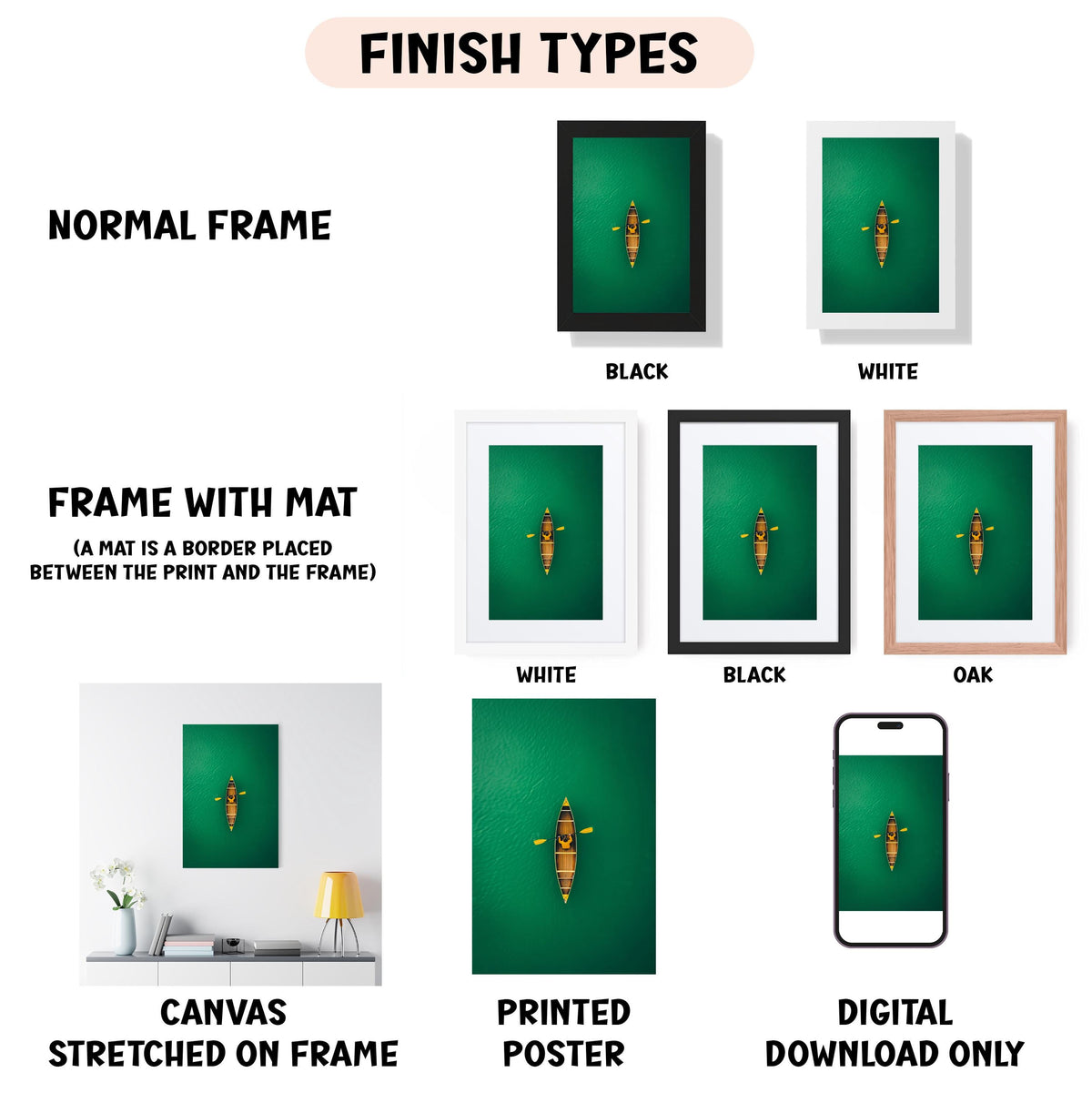 various types of artwork, including a normal frame, a frame with a mat, a white frame, a black frame, an oak frame, a white canvas stretched on a frame, a printed poster, and a digital download only.