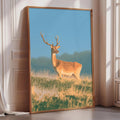 A framed photograph of a deer standing in a grassy field against a blue sky.