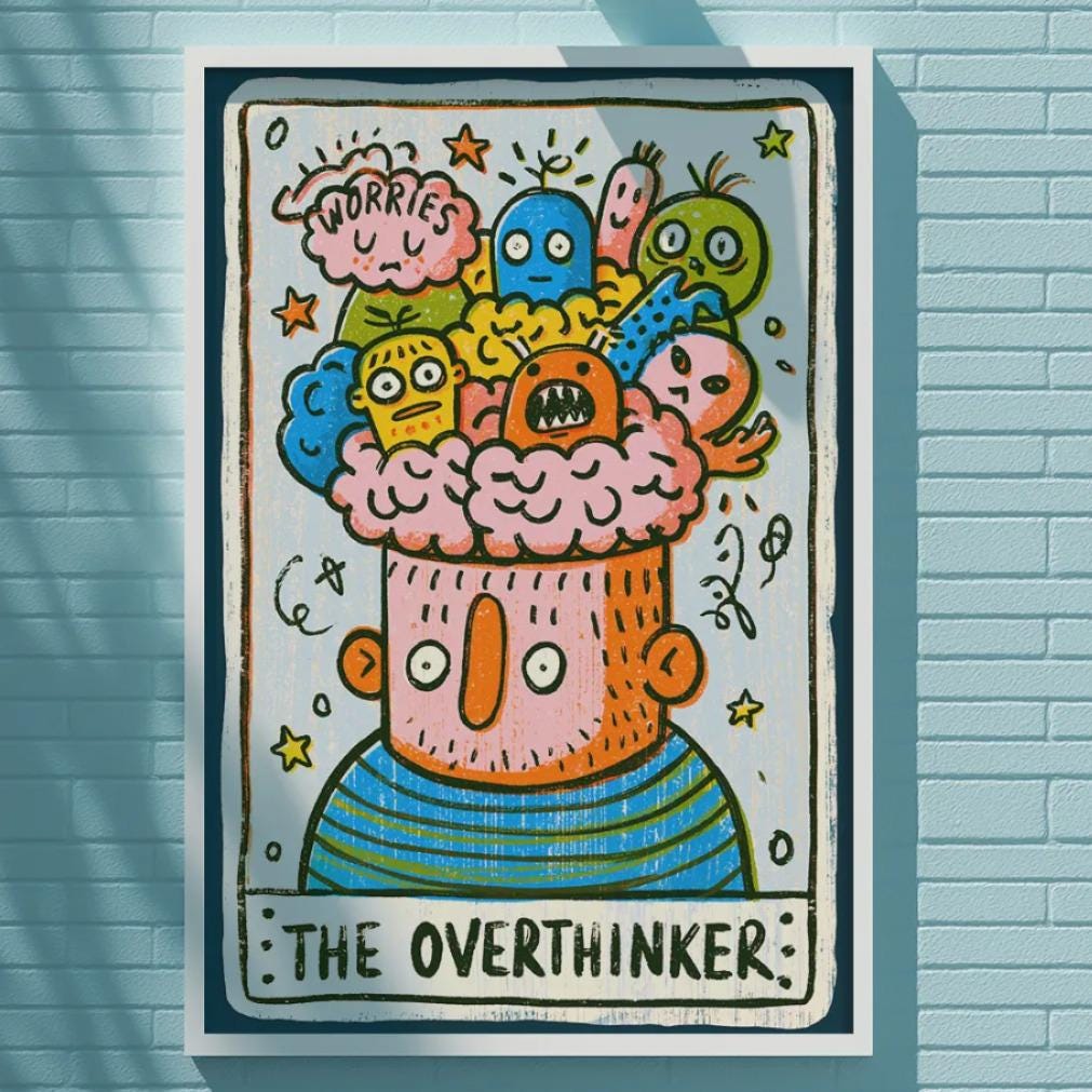 a colorful poster with a cartoon-style illustration of a person's head surrounded by various whimsical creatures, including a cat, dog, and bird, against a blue brick wall.