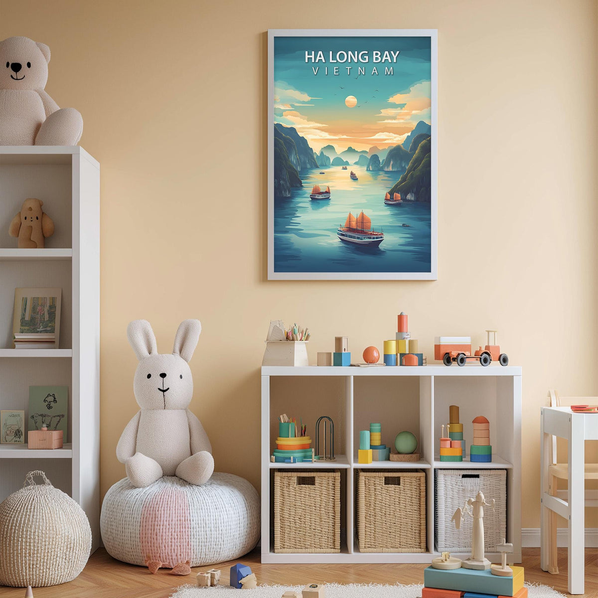 A child's bedroom with a teddy bear, a toy boat, and a poster of Ha Long Bay in Vietnam on the wall.