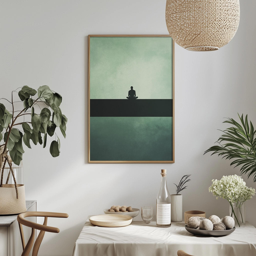 a minimalist dining room with a white tablecloth, a framed painting of a person sitting in a meditative pose, and various decorative elements such as potted plants, vases, and a bowl of fruit.