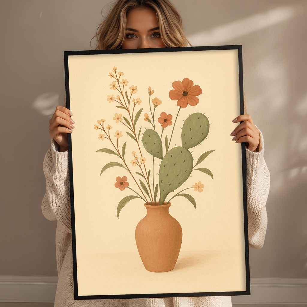A woman holding a framed print of a vase with flowers and cactus plants.