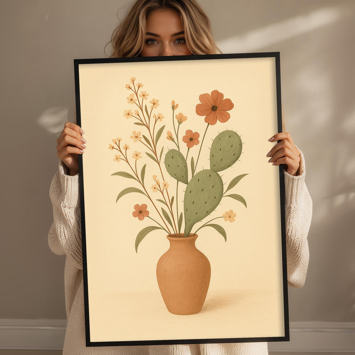 A woman holding a framed print of a vase with flowers and cactus plants.