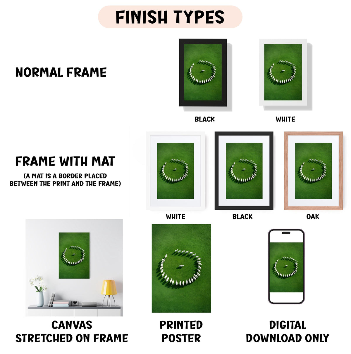 various types of artwork, including a canvas stretched on a frame, a framed poster, and a digital poster. The artwork features a green circle with white lines, and the image is labeled with different finish types such as "NORMAL FRAME", "FRAME WITH MAT", "WHITE", "BLACK", and "OAK".