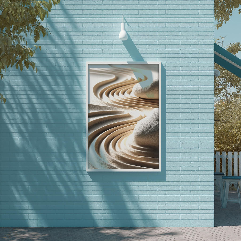 a blue brick wall with a framed abstract artwork hanging on it. The artwork depicts a swirling pattern of lines and shapes, creating a sense of movement and dynamism.