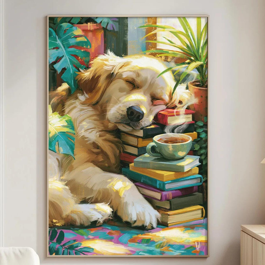 A large painting of a golden retriever dog sleeping on a stack of books, surrounded by tropical plants and flowers, is displayed on the wall of a cozy living room.