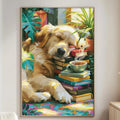 A large painting of a golden retriever dog sleeping on a stack of books, surrounded by tropical plants and flowers, is displayed on the wall of a cozy living room.