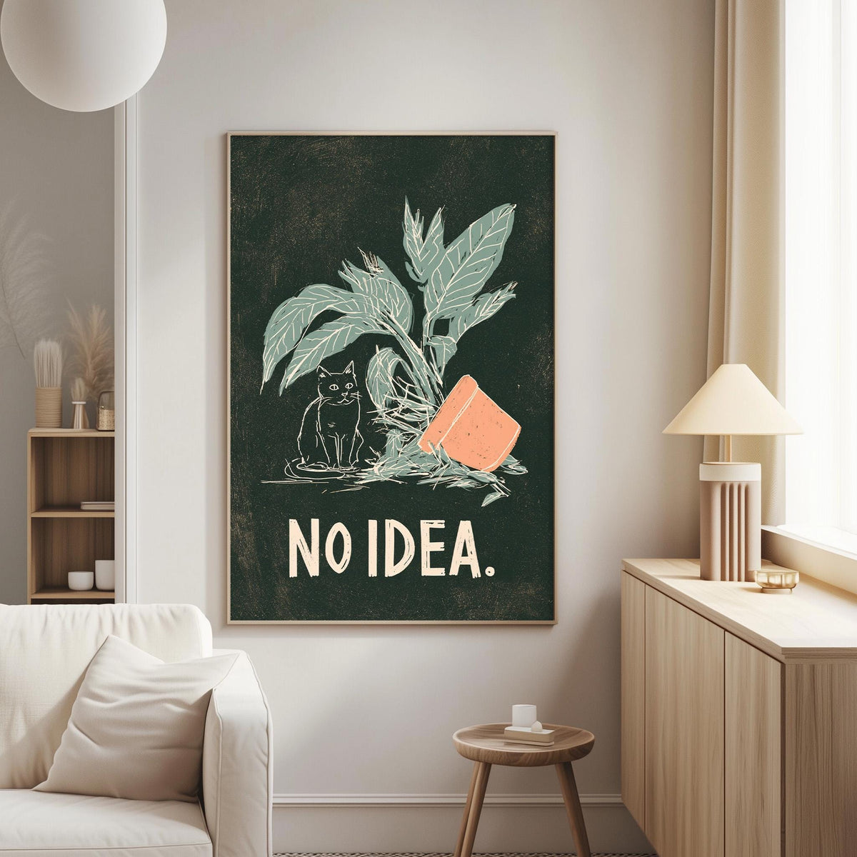 a black and white poster with a cat and a plant, along with the text "NO IDEA."