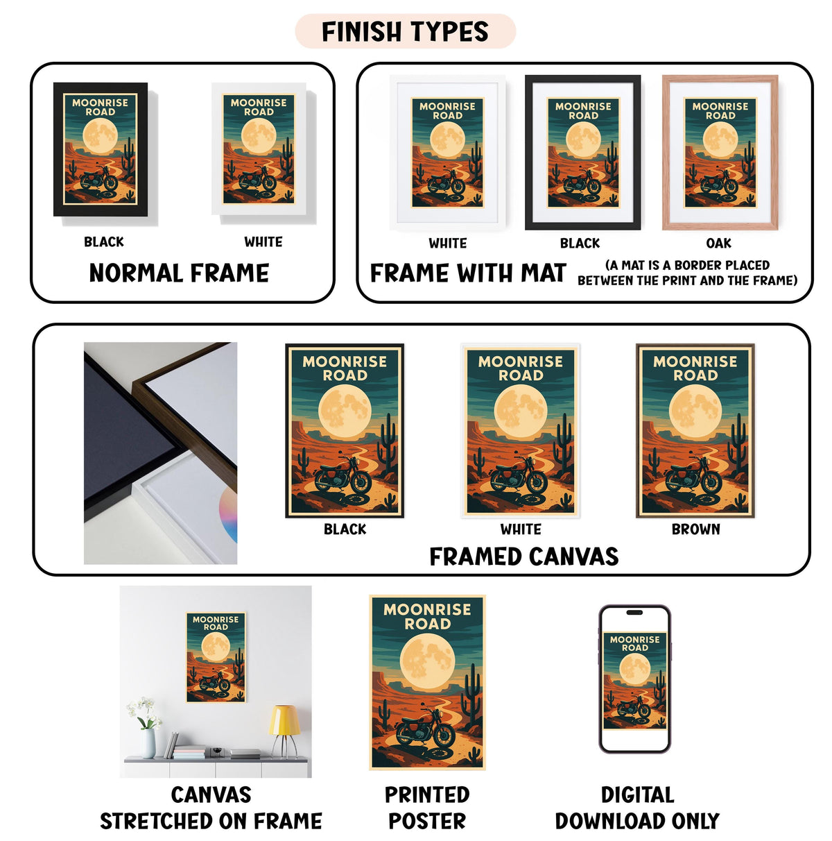various finish types for a poster or artwork titled "Moonrise Road", including black, white, and framed canvas options. It also displays images of the poster in different frame styles, such as normal frame, frame with mat, stretched on frame, printed poster, and digital download only.
