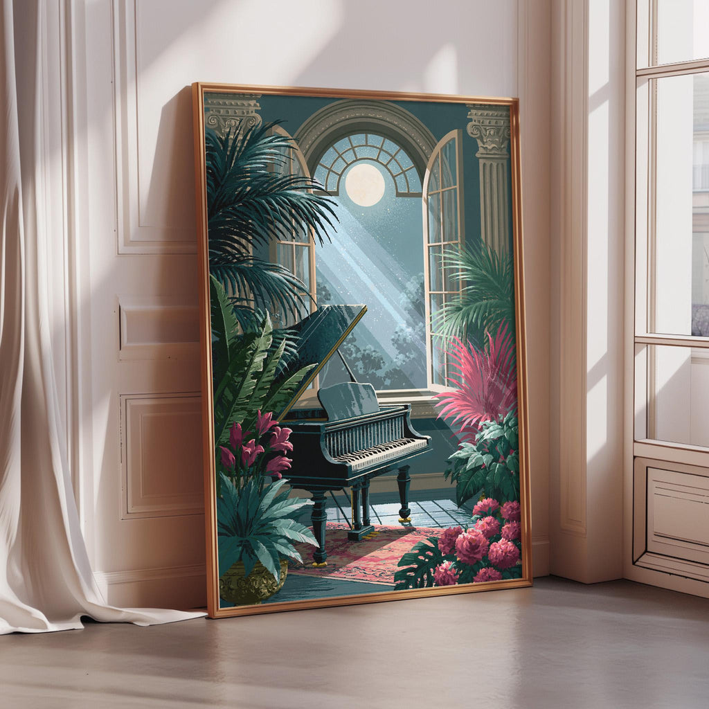 A framed painting depicting a grand piano surrounded by lush tropical foliage and flowers, with a large window in the background.