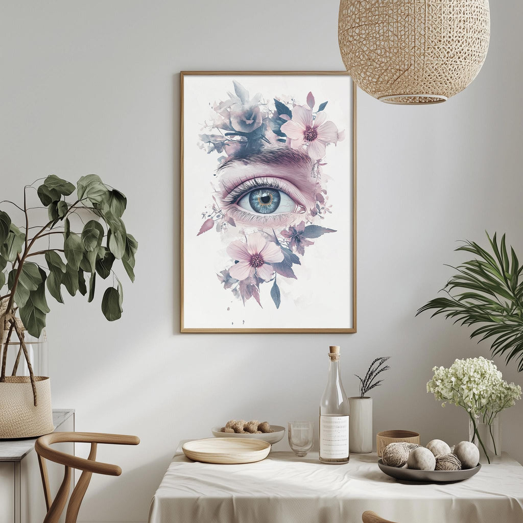 a framed artwork of a flowery eye on a wall, with a dining table and chairs in the foreground.