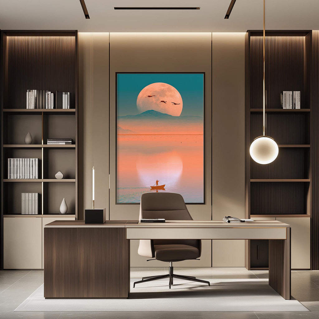 a modern and minimalist office space with a large wall-mounted painting of a sunset over a body of water. The painting features a boat and a person on the water, creating a serene and tranquil atmosphere. The office is furnished with a desk, chair, and shelving units, providing a functional and organized workspace.