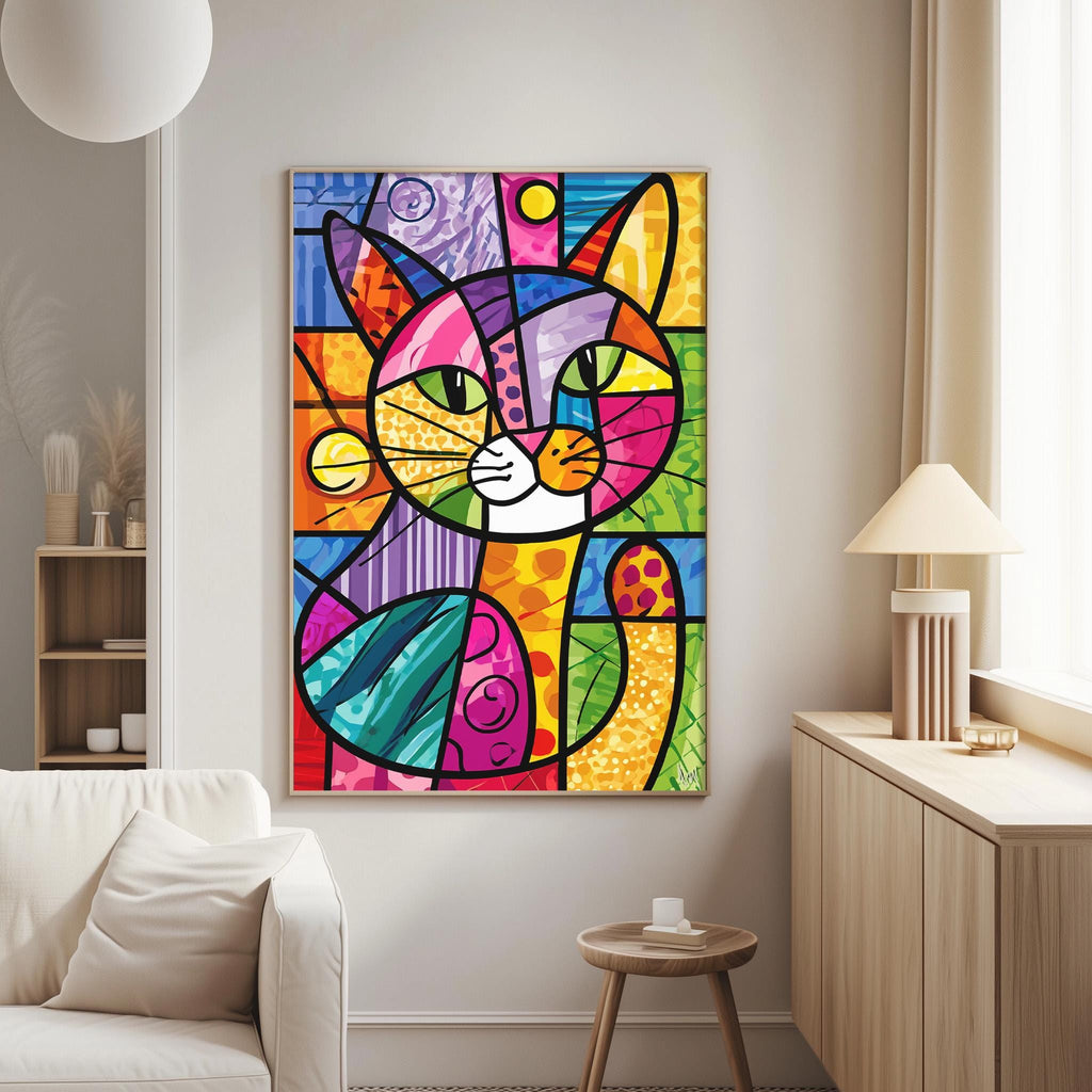 a vibrant, abstract painting of a cat, which is the central focus of the room. The painting is displayed on the wall, and it is surrounded by various decorative elements, such as a lamp, a vase, and a bookshelf. The overall atmosphere of the room appears to be modern and stylish, with a focus on bold colors and abstract designs.