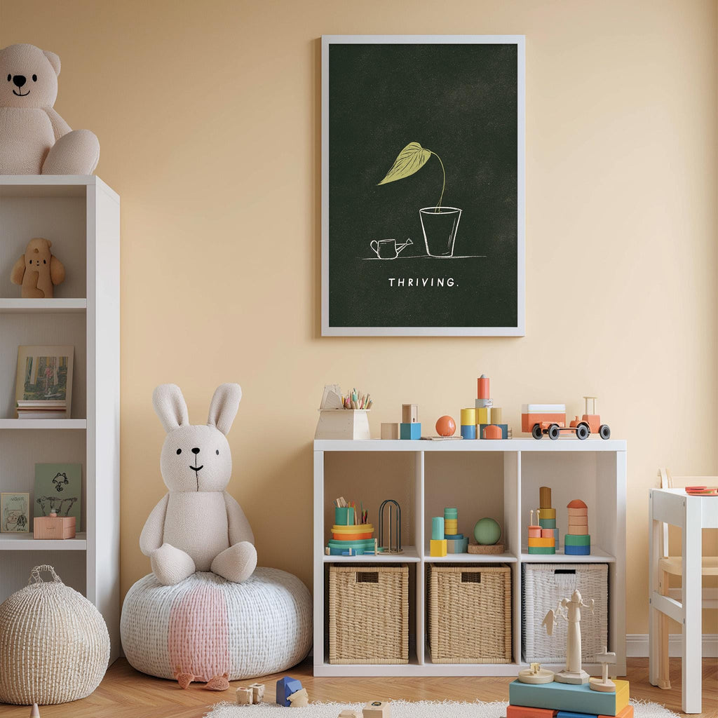 A cozy and colorful children's bedroom with a bookshelf, a plush rabbit, and a toy train set. The room has a cheerful and playful atmosphere, with a framed poster on the wall that reads "Thriving".