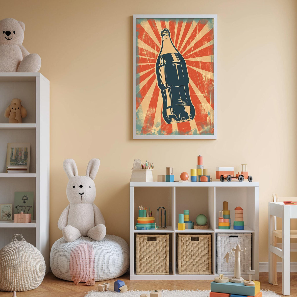 A child's bedroom with a white bookshelf, a stuffed rabbit, a toy train, and a framed poster of a soda bottle on the wall.