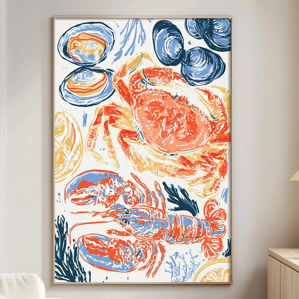 a vibrant, colorful painting of a crab and other marine life, hanging on a wall in a living room setting.