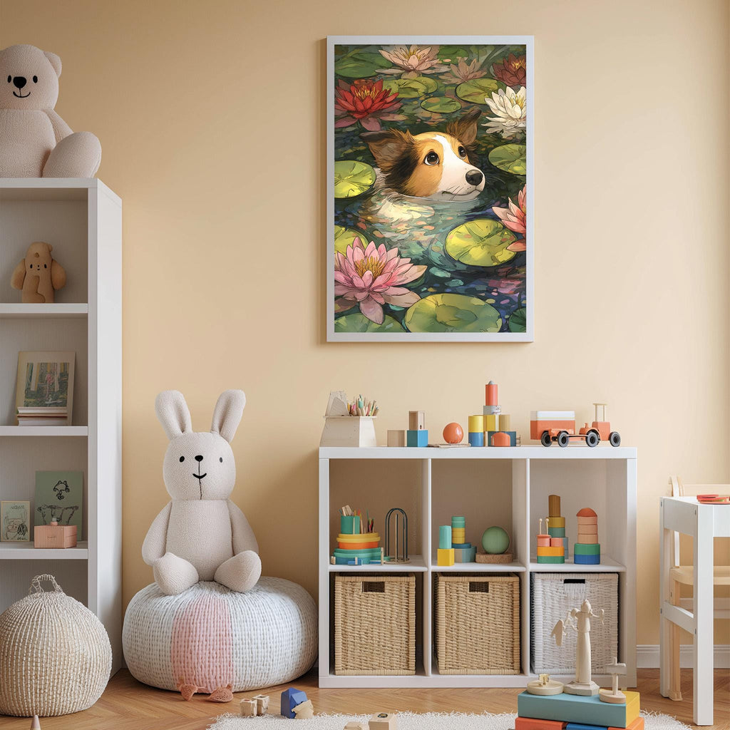 A cozy children's room with a large stuffed bunny, a bookshelf filled with toys, and a framed painting of a dog swimming in a pond with lily pads.