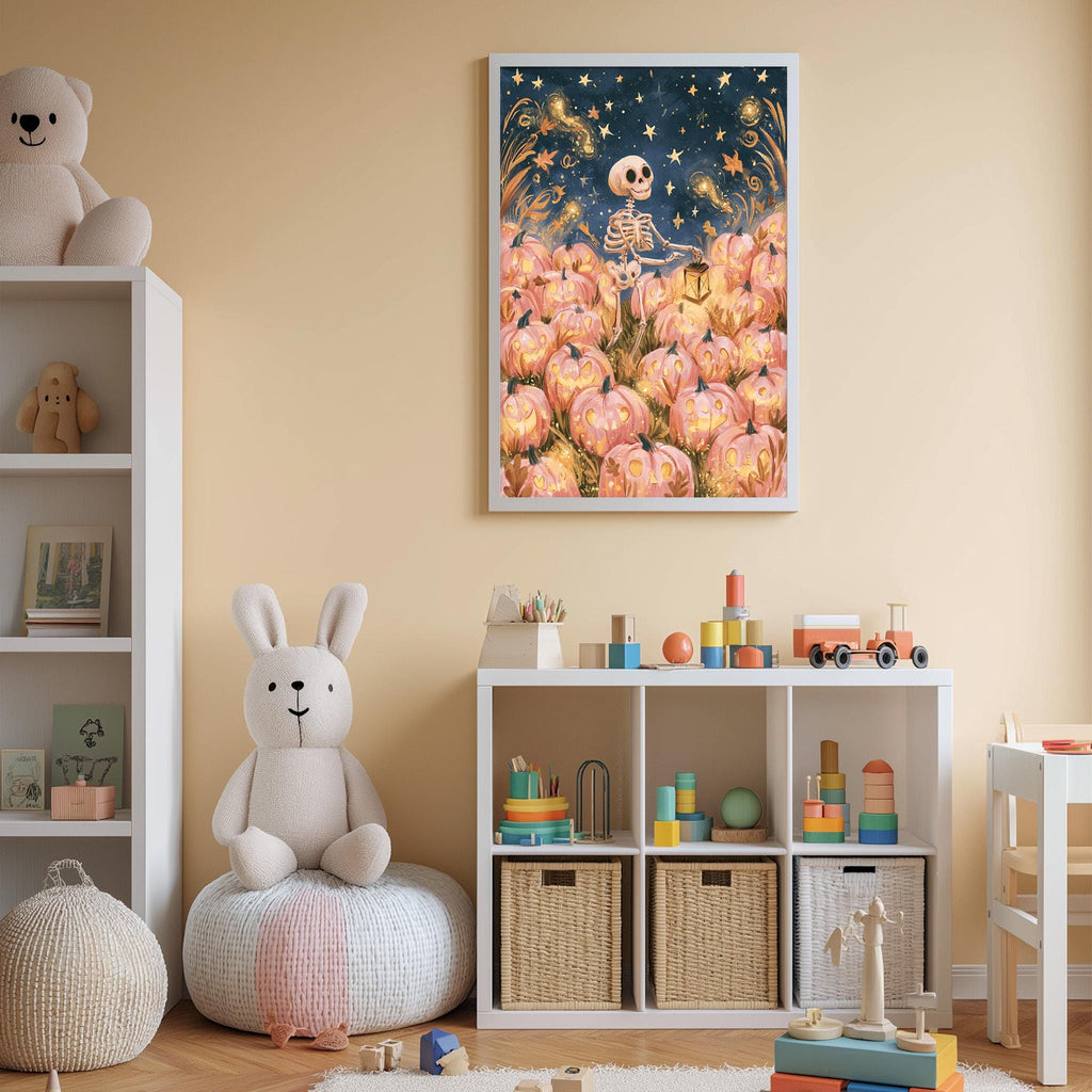 A cozy and colorful children's bedroom with a large skeleton figure, a stuffed bunny, and a bookshelf filled with toys and books.