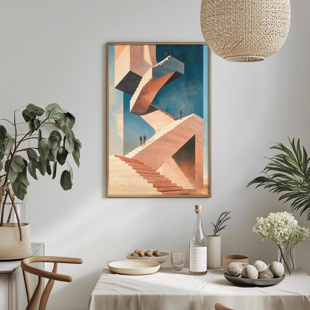 a dining table with a white tablecloth, a bowl of fruit, a bottle, and a vase with flowers. Above the table, there is a framed painting of a staircase with a person walking up the stairs.