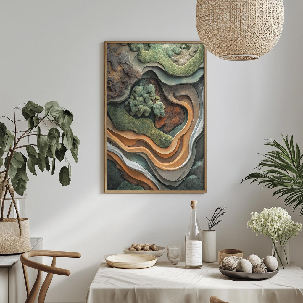 a dining table with a white tablecloth, a bowl of fruit, a bottle, and a vase with flowers. Above the table, there is a framed abstract painting hanging on the wall.