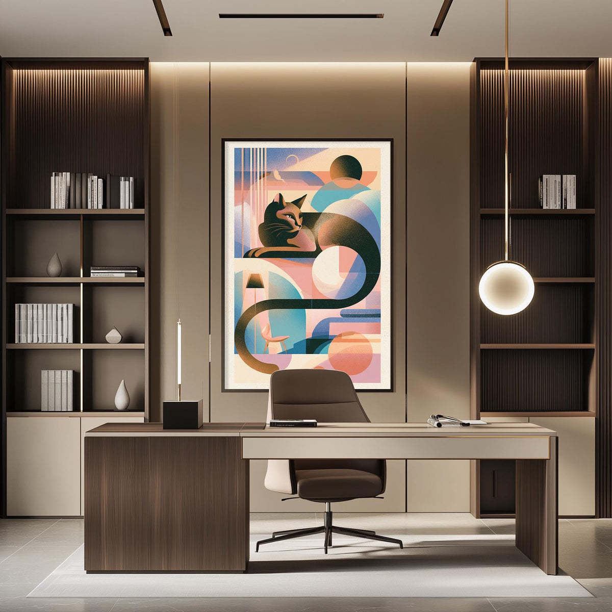 a modern and stylish office space with a large abstract painting on the wall, a wooden desk with a chair, and built-in bookshelves.