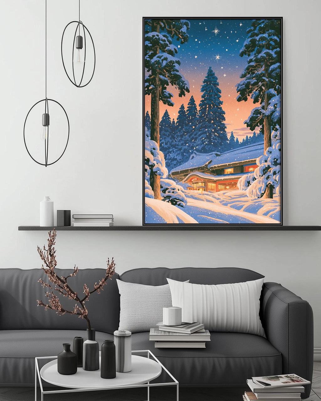 a cozy living room with a large, colorful painting of a snowy cabin in the background, hanging on the wall above a gray couch. The painting depicts a serene winter landscape with snow-covered trees and a starry night sky. The room is decorated with various items, including a potted plant, a coffee table, and a bookshelf, creating a warm and inviting atmosphere.