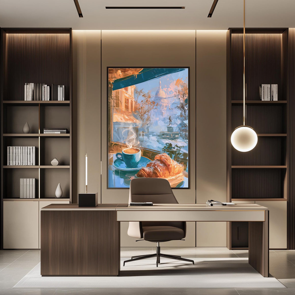 a modern and stylish office space with a large framed artwork of a cityscape hanging on the wall above a wooden desk with a chair.