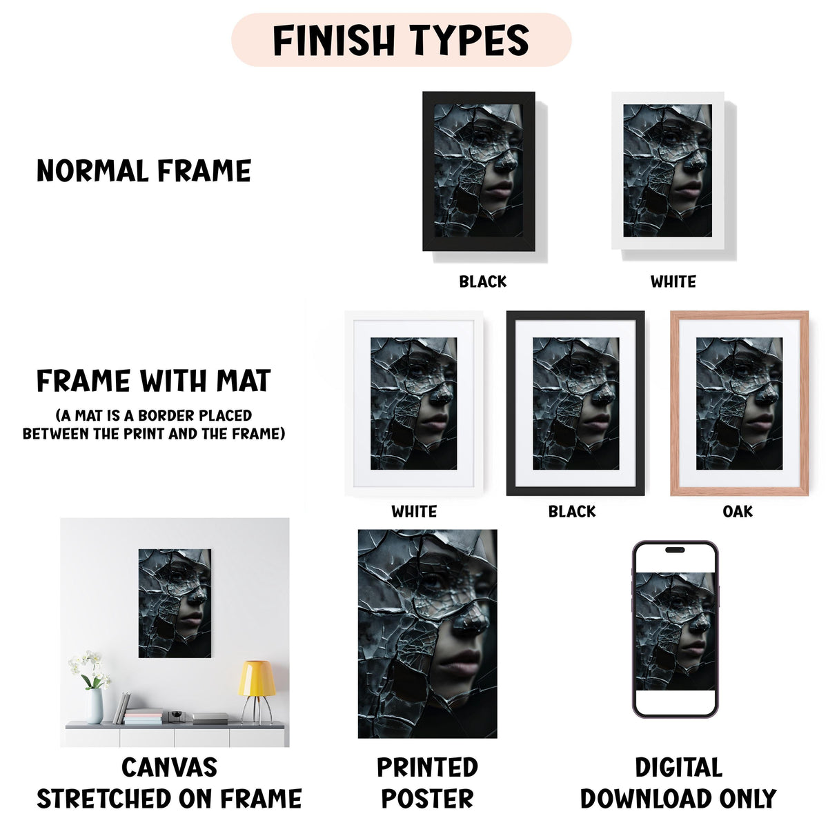 various framed artworks, including a close-up of a person's face, a black and white image, and a white and black image. The artworks are displayed in different frame types, such as a normal frame, a frame with a mat, and a white frame. The artworks are also described as a canvas stretched on a frame, a printed poster, and a digital download only.