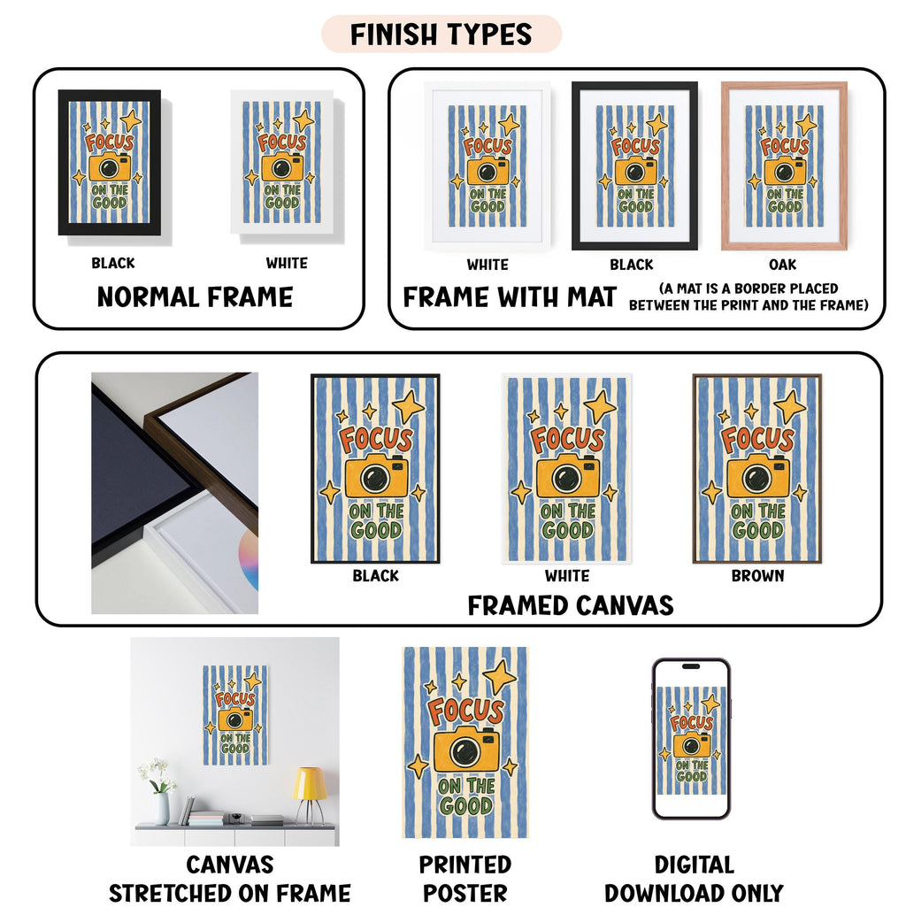 various finish types for a framed canvas print, including black, white, black, white, black, white, black, white, black, white, framed canvas, and digital download only.