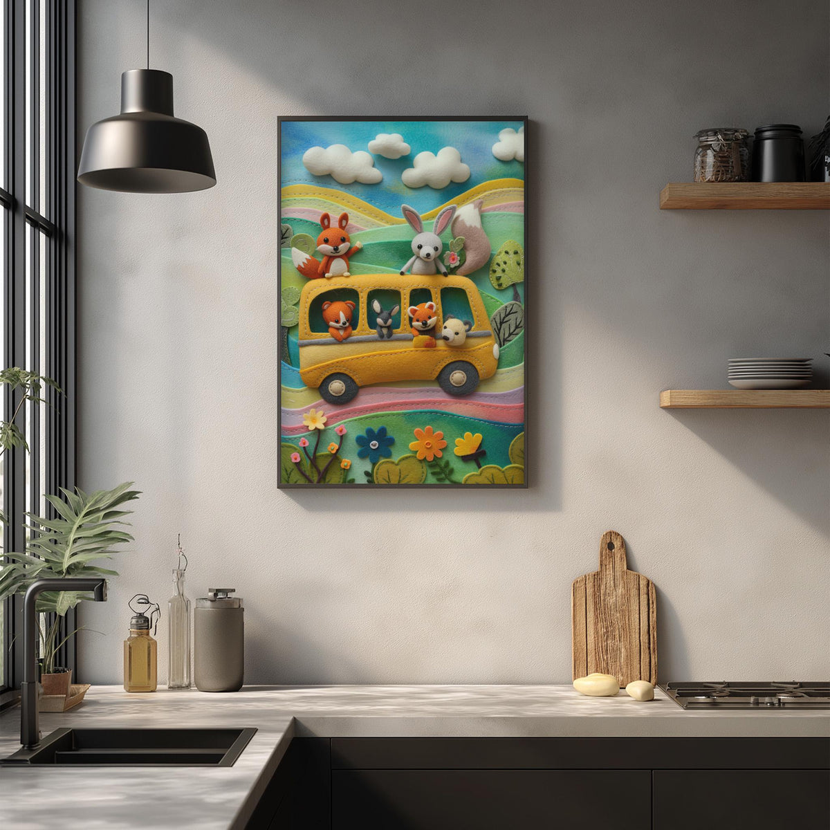 a vibrant and whimsical painting of a school bus filled with various cartoon animals, including a rabbit, fox, and squirrel, traveling through a colorful landscape.