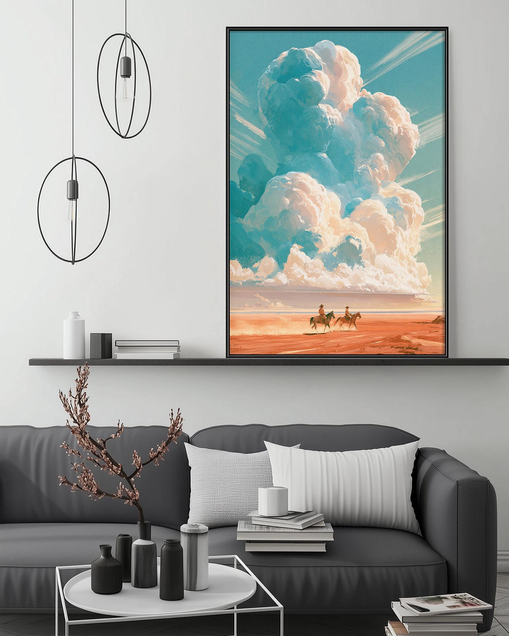 a modern living room with a gray sofa, a coffee table, and a large framed painting depicting a desert landscape with a horse and rider.