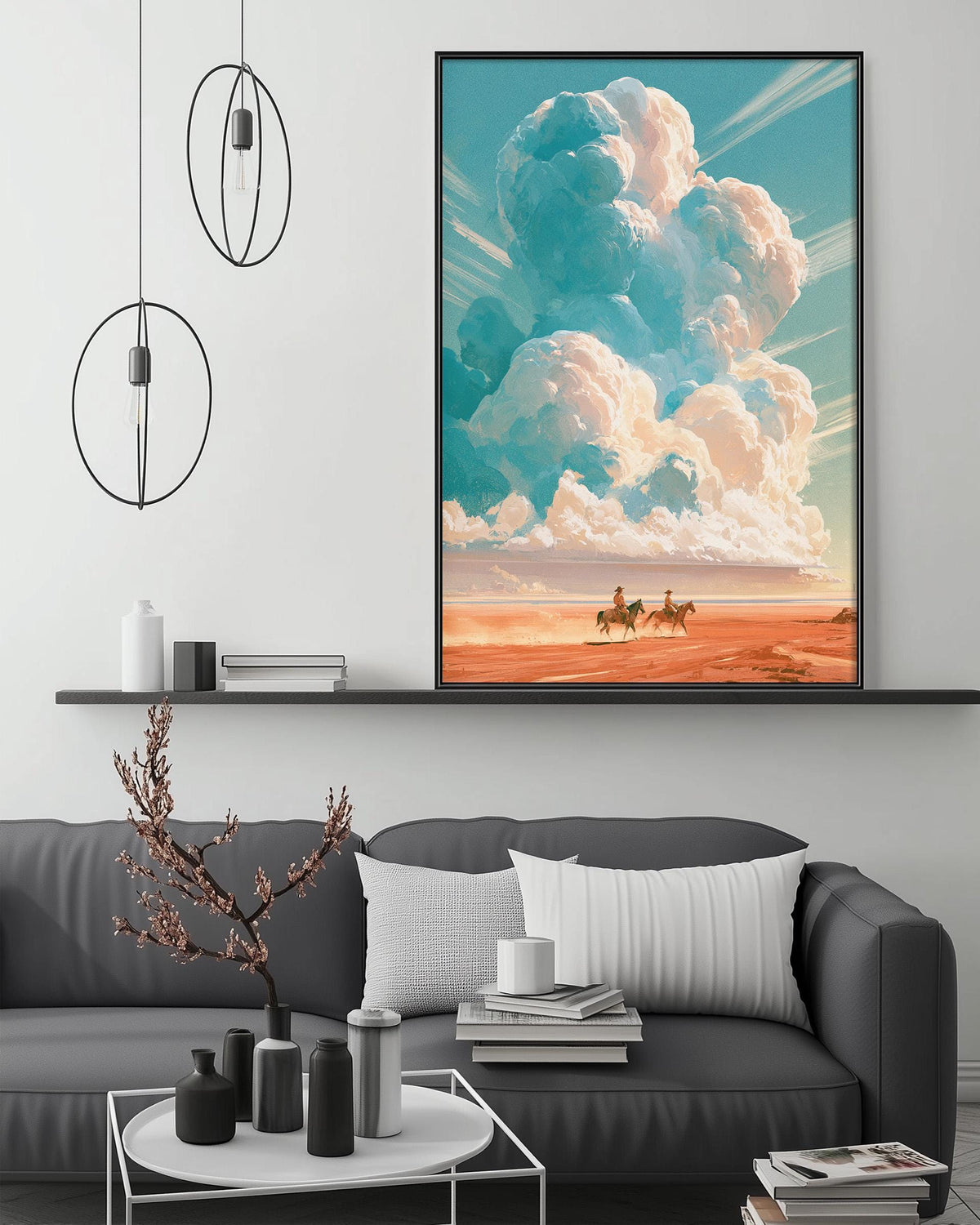 a modern living room with a gray sofa, a coffee table, and a large framed painting depicting a desert landscape with a horse and rider.