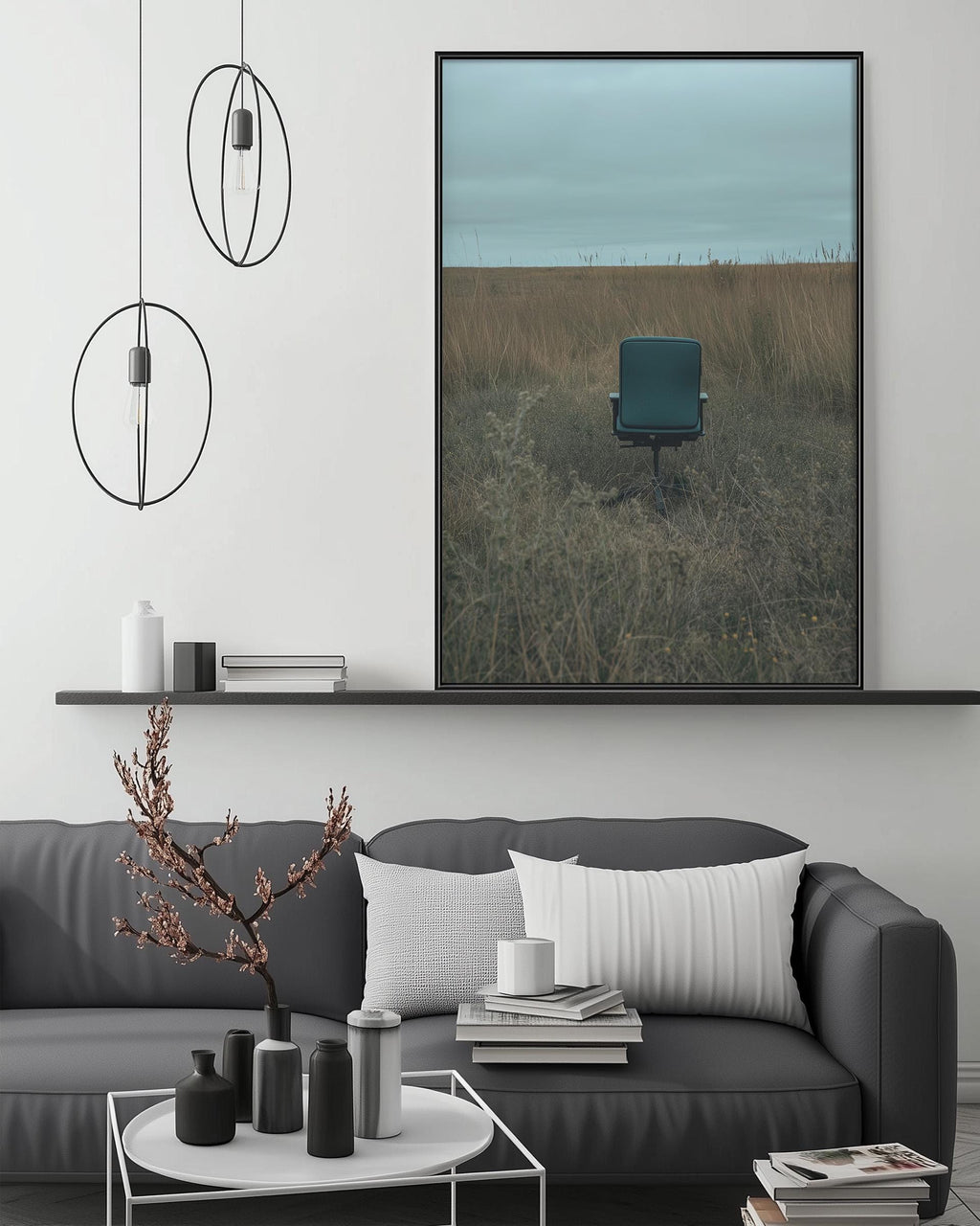 a modern living room with a gray sofa, a coffee table, and a large framed picture of a chair in a field. The room has a minimalist and contemporary design, with a black and white color scheme.