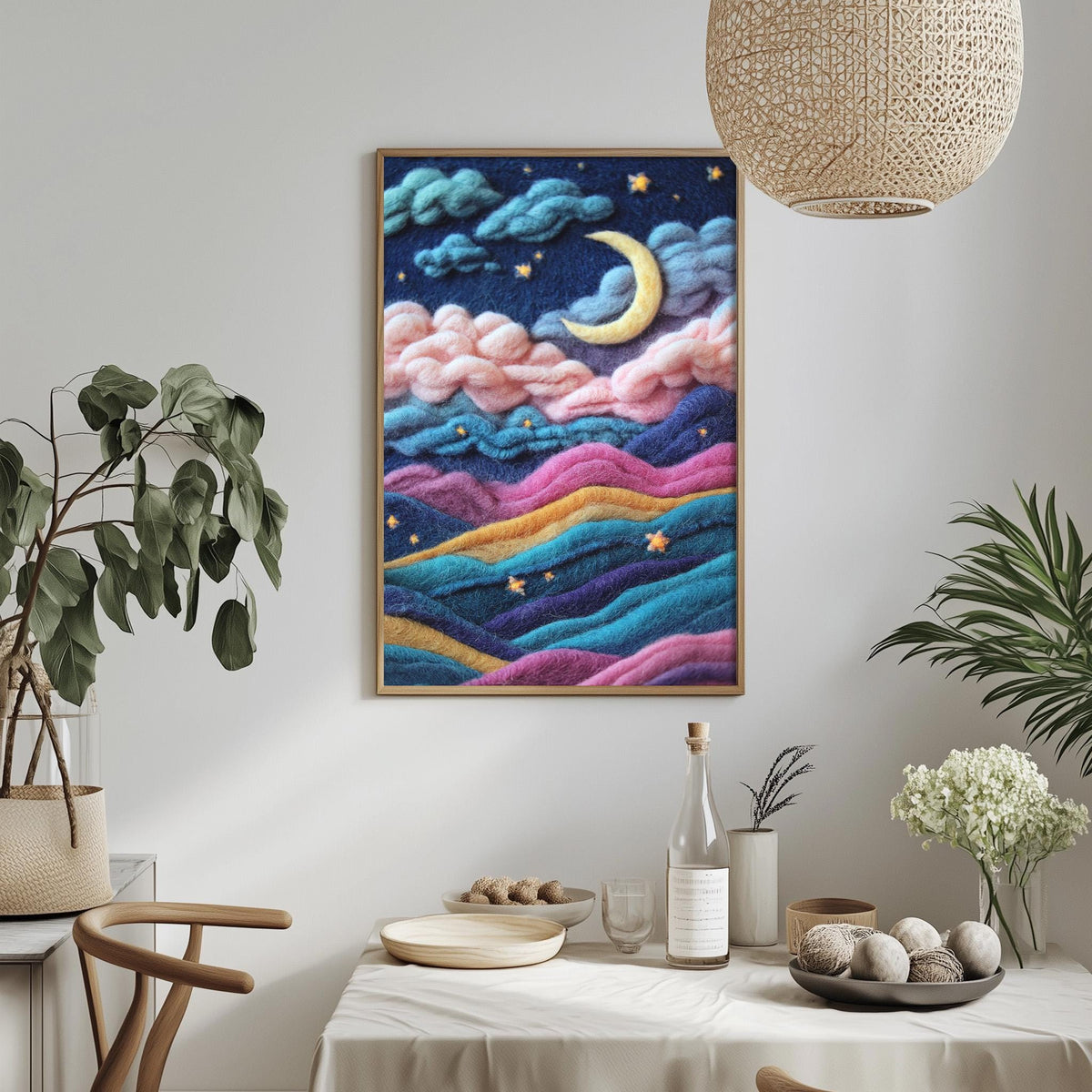 a vibrant, hand-painted landscape with a crescent moon, stars, and rolling hills, hanging on a wall above a dining table with various decorative items and plants.