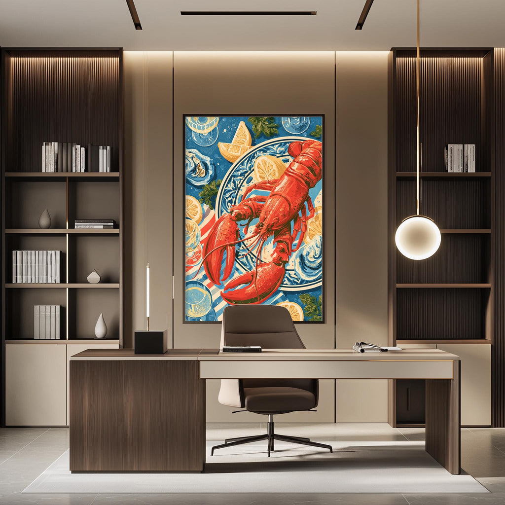 a modern office space with a large framed artwork of a lobster on the wall. The office has a wooden desk, a chair, and a bookshelf. The overall design and decor create a professional and stylish atmosphere.