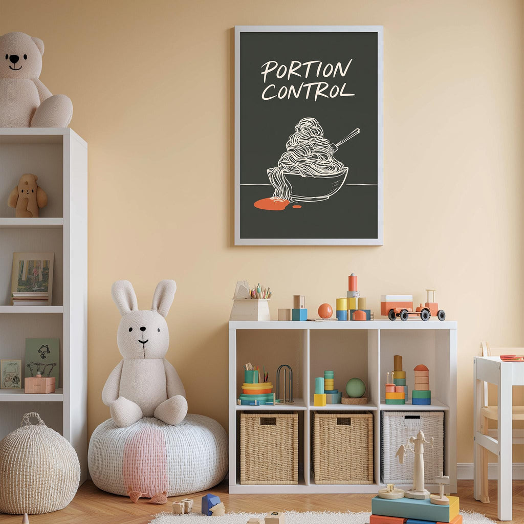 A child's bedroom with a stuffed rabbit, a bookshelf, and a toy train set. A framed poster with a drawing of noodles and the text "PORTION CONTROL" is displayed on the wall above the bookshelf.