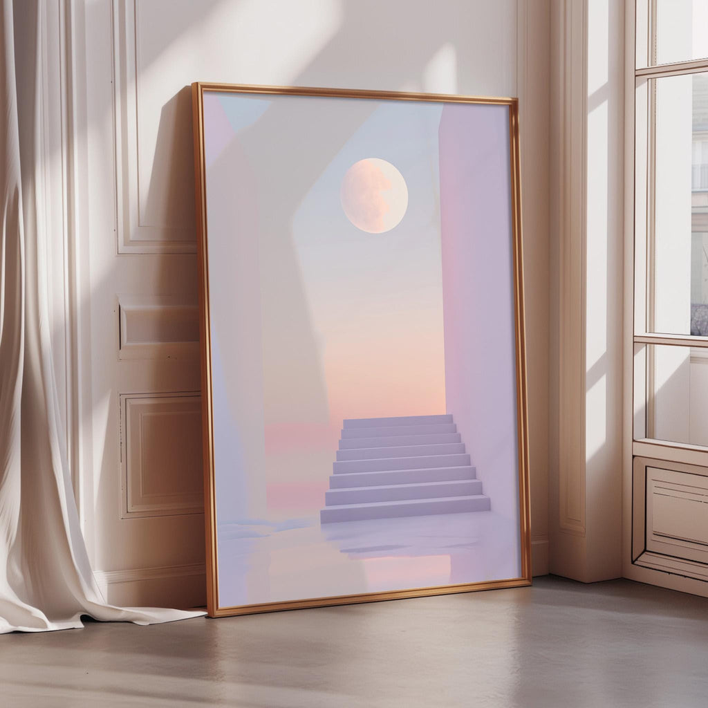 a large, framed artwork depicting a staircase leading up to a moonlit sky.