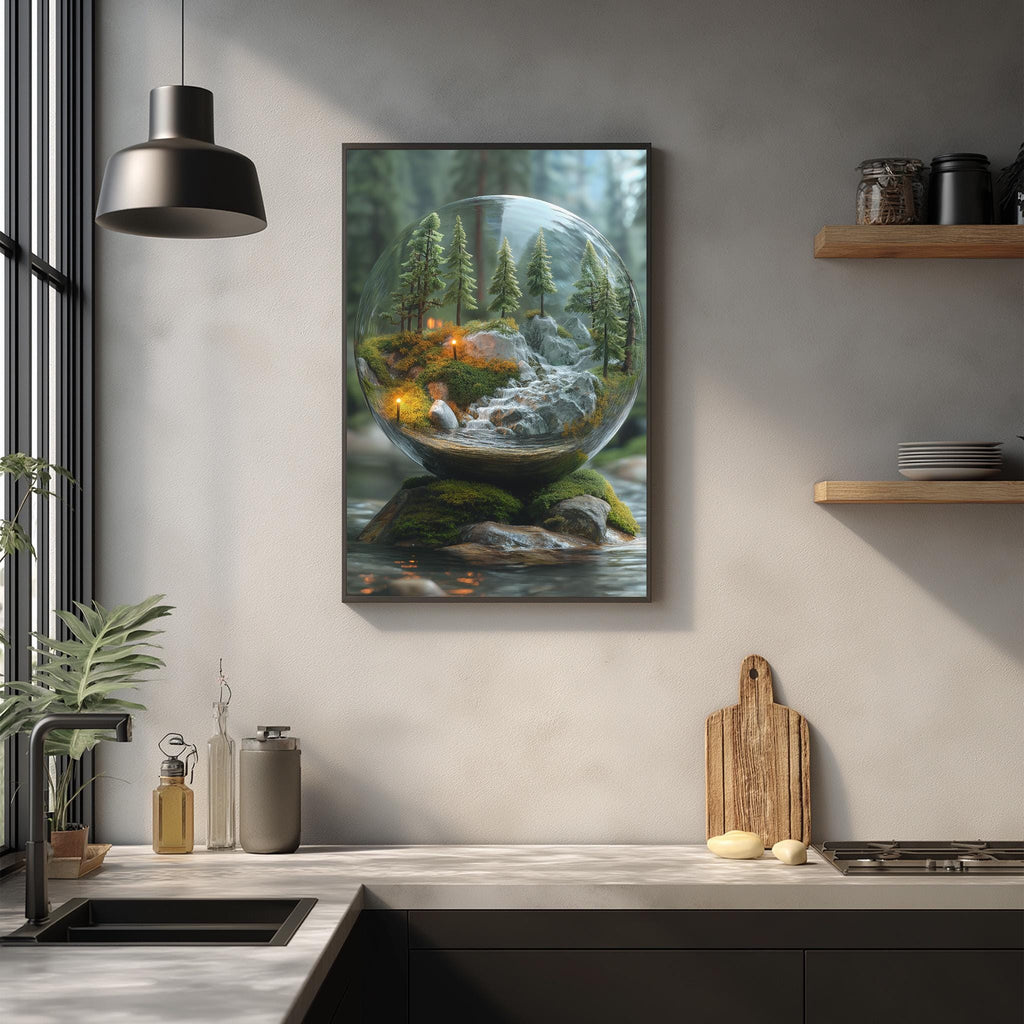a kitchen counter with various items, including a framed picture of a glass terrarium containing a miniature forest scene, a wooden cutting board, and a potted plant.