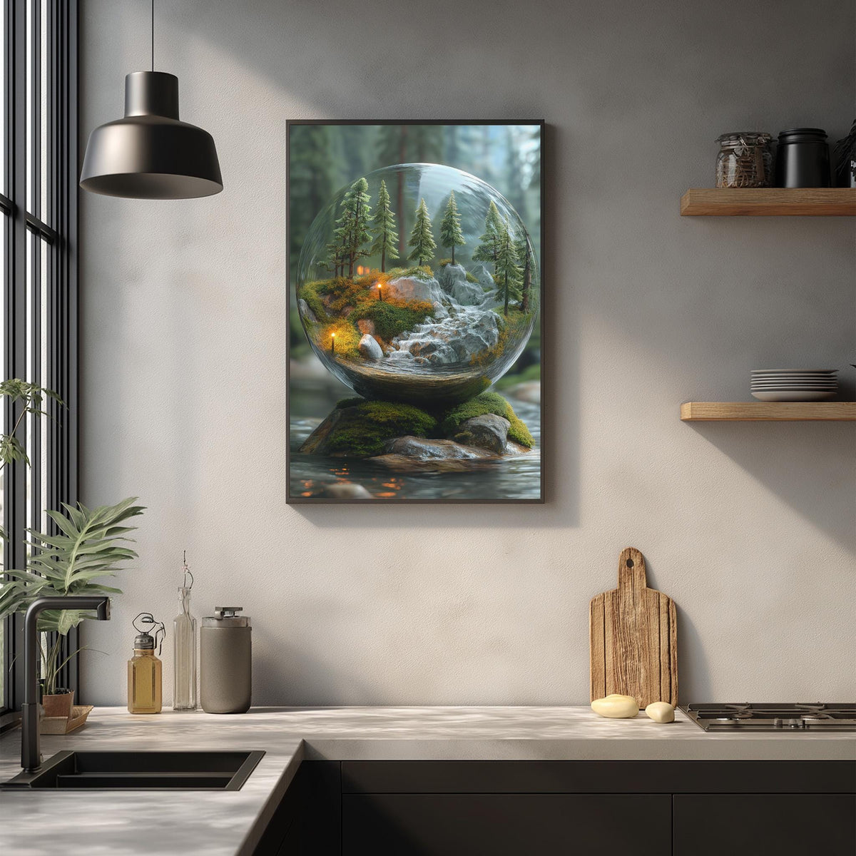 a kitchen counter with various items, including a framed picture of a glass terrarium containing a miniature forest scene, a wooden cutting board, and a potted plant.