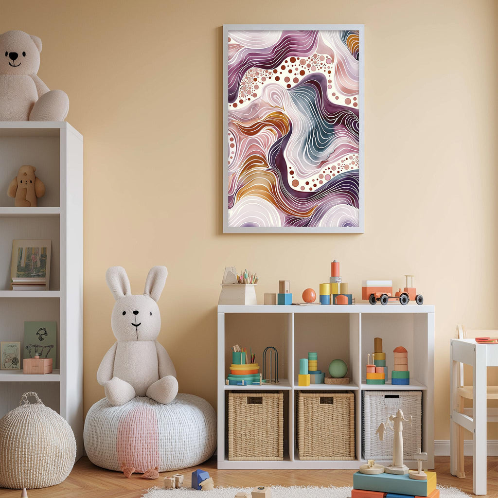 A child's bedroom with a white bookshelf, a stuffed rabbit, and a colorful abstract painting on the wall.