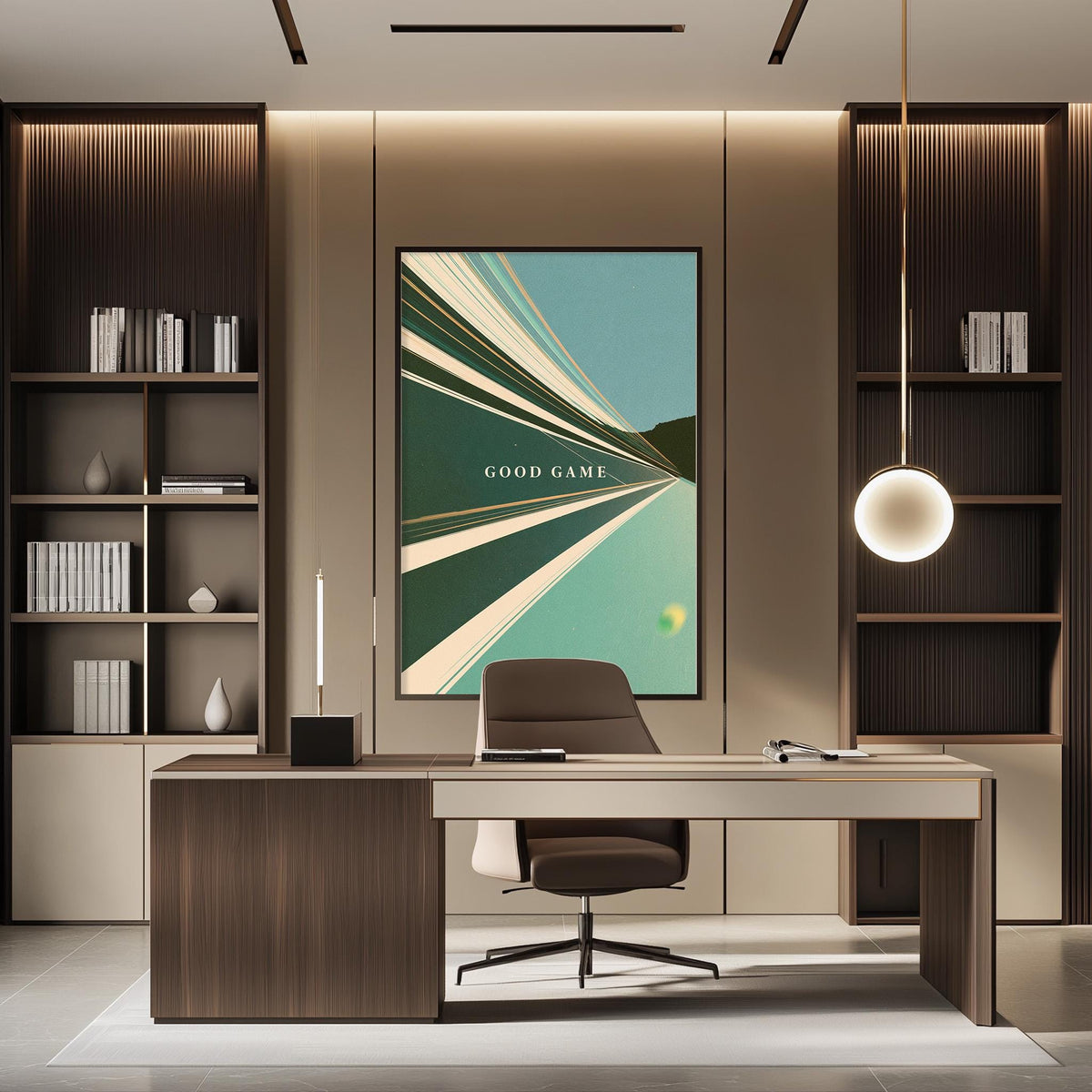 a modern and stylish office space with a large framed poster on the wall that says "GOOD GAME". The office has a wooden desk, a comfortable-looking chair, and a bookshelf filled with books. The overall design and decor create a professional and inviting atmosphere.