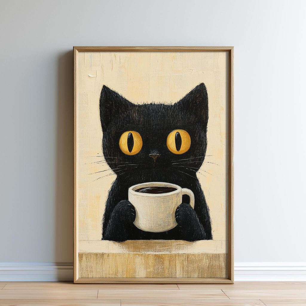 A framed painting depicting a black cat holding a cup of coffee.