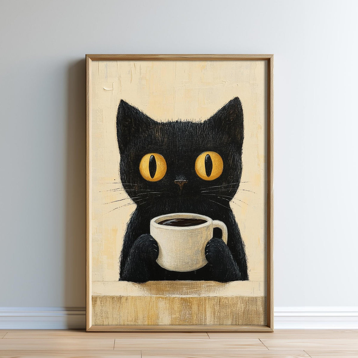 A framed painting depicting a black cat holding a cup of coffee.